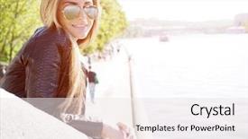  Presentation with water management - Theme with urban water management - portrait of young woman natural background and a  colored foreground