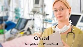  Presentation with urgent care - Presentation having urgent care - female doctor in emergency room background and a soft green colored foreground