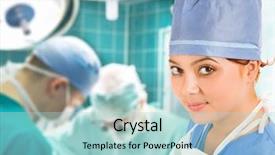  Presentation with urgent care - Theme with urgent care - female doctor with surgical team background and a light blue colored foreground