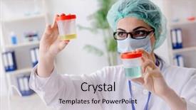  Presentation with worried young female college student - Presentation featuring urinalysis - young female chemist working background and a light gray colored foreground