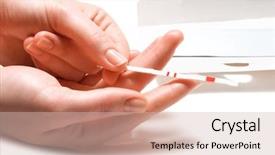  Presentation with test - Slide set featuring urinating baby - woman hands with positive test background and a soft green colored foreground