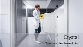  Presentation with urine - Amazing PPT theme having urine - janitor woman cleaning urinals backdrop and a light gray colored foreground