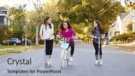  Presentation with teen girls - Presentation theme enhanced with usa free - three pre-teen girls riding background and a light blue colored foreground
