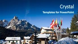  Presentation with ski - Colorful presentation enhanced with ski resort in italian alps flags against winter landscape backdrop and a ocean colored foreground