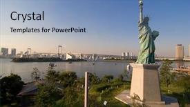  Presentation with liberty - PPT theme featuring usa japan - statue of liberty in tokyo background and a light blue colored foreground