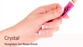  Presentation with flash - PPT theme featuring usb flash in hand isolated over white background and a lemonade colored foreground