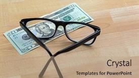  Presentation with modern eye glasses on yellow - Slide deck consisting of usd dollar banknote money bill background and a coral colored foreground