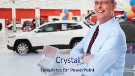  Presentation with car dealer - Colorful PPT layouts enhanced with used cars - mature car dealer man backdrop and a light blue colored foreground