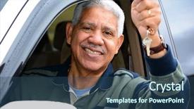  Presentation with keys - Theme with used cars - senior man holding up keys background and a ocean colored foreground