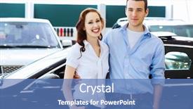  Presentation with two people talking - Audience pleasing presentation design consisting of used cars - two pretty young people smiling backdrop and a teal colored foreground