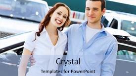  Presentation with people - Amazing presentation theme having used cars - two pretty young people smiling backdrop and a light blue colored foreground
