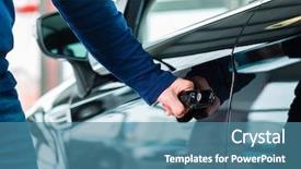  Presentation with auto dealership - Beautiful presentation design featuring used cars - young man beside a new backdrop and a teal colored foreground