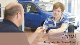  Presentation with paperwork - Audience pleasing slides consisting of used cars - young man filling in paperwork backdrop and a coral colored foreground