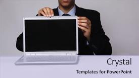  Presentation with notebook - PPT theme consisting of user manual - closeup businessman shows a stylish background and a light blue colored foreground