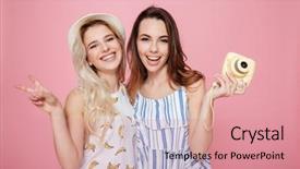  Presentation with german shepherd two young puppys - Slide set having user manual - two cheerful lovely young women background and a coral colored foreground