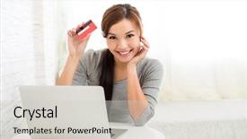  Presentation with money online shopping - PPT theme enhanced with uses money - asian young woman with credit background and a light gray colored foreground