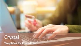  Presentation with online shopping - PPT theme having uses money - woman shopping online background and a coral colored foreground