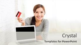  Presentation with online shopping - Slide deck enhanced with uses money - young woman using laptop computer background and a sky blue colored foreground