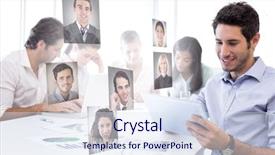  Presentation with leather craft work table - Theme consisting of tablet at work against profile background and a sky blue colored foreground