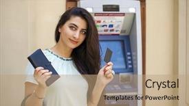  Presentation with lady - Audience pleasing presentation theme consisting of using an automated teller machine backdrop and a coral colored foreground