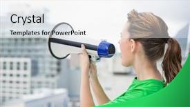  Presentation with healthy workplace full length side view - Presentation design having using and screaming in megaphone background and a white colored foreground