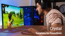  Presentation with headphones - PPT layouts consisting of using backlit colorful keyboard background and a tawny brown colored foreground