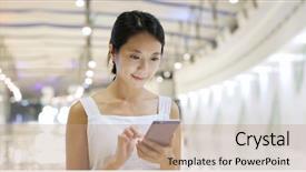  Presentation with woman pushing shopping trolley - Cool new PPT layouts with using cellphone inside shopping mall backdrop and a coral colored foreground