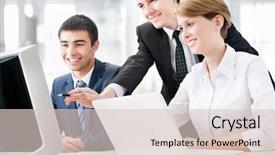  Presentation with young business people - PPT theme with using computer at business training background and a lemonade colored foreground