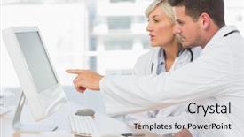  Presentation with computer - Audience pleasing PPT theme consisting of using computer at medical office backdrop and a  colored foreground