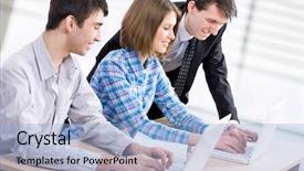  Presentation with young business people - Presentation theme featuring using computers at business training background and a light blue colored foreground