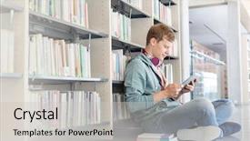  Presentation with digital library - Audience pleasing presentation theme consisting of using digital tablet against bookshelf backdrop and a light gray colored foreground