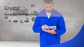  Presentation with mechanic tablet - Audience pleasing presentation design consisting of using digital tablet against car backdrop and a light gray colored foreground