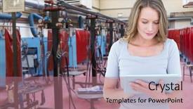  Presentation with using digital tablet - Beautiful PPT theme featuring using digital tablet against factory backdrop and a coral colored foreground