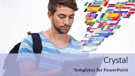  Presentation with international student - PPT layouts with using digital tablet against international background and a light blue colored foreground