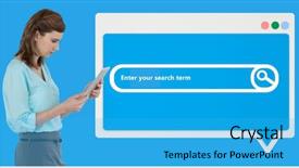  Presentation with search button searching information online - Beautiful slide deck featuring using digital tablet against search backdrop and a cyan colored foreground