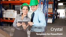  Presentation with using digital tablet - PPT theme having using digital tablet at warehouse background and a  colored foreground