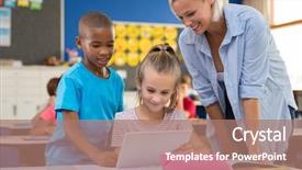  Presentation with school class arabic kids - PPT theme enhanced with using digital tablet in classroom background and a coral colored foreground