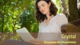  Presentation with smiling paramedic sitting in ambulance - Beautiful PPT layouts featuring using digital tablet in garden backdrop and a  colored foreground