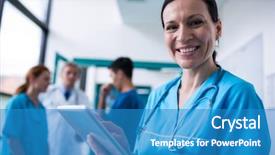  Presentation with digital hospital - Cool new theme with hosiptail communication - portrait of smiling surgeon using backdrop and a teal colored foreground