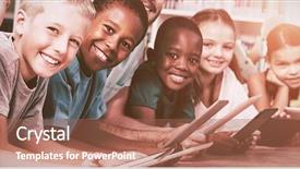  Presentation with digital library - Slide set featuring using digital tablet in library background and a coral colored foreground