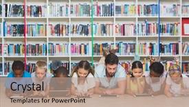  Presentation with digital library - Beautiful presentation design featuring using digital tablet in library backdrop and a coral colored foreground