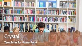  Presentation with digital library - Theme featuring using digital tablet in library background and a coral colored foreground