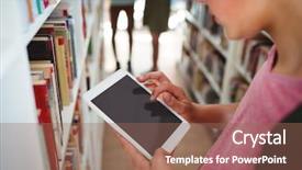  Presentation with digital library - Beautiful slide deck featuring using digital tablet in library backdrop and a violet colored foreground