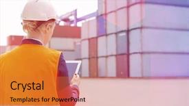  Presentation with using digital tablet - Slide deck featuring using digital tablet in shipping background and a gold colored foreground