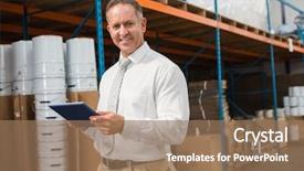  Presentation with using digital tablet - PPT layouts consisting of using digital tablet in warehouse background and a coral colored foreground