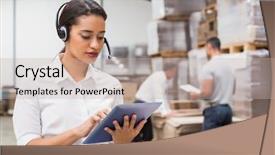  Presentation with tablets wood table tablet white - Amazing PPT theme having using digital tablet in warehouse backdrop and a mint green colored foreground