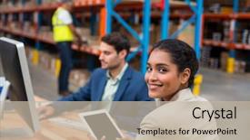  Presentation with using digital tablet - Cool new slides with using digital tablet in warehouse backdrop and a mint green colored foreground