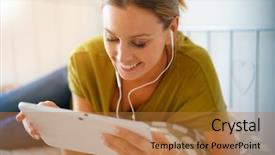  Presentation with smart connected environment - PPT layouts featuring using earphones to watch movie background and a red colored foreground