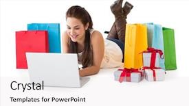  Presentation with laptop - Amazing theme having using her laptop near shopping backdrop and a white colored foreground