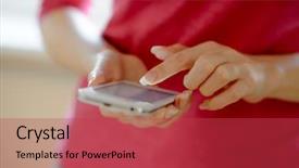  Presentation with mobile phone in woman hand - PPT layouts with using her mobile smart phone background and a red colored foreground